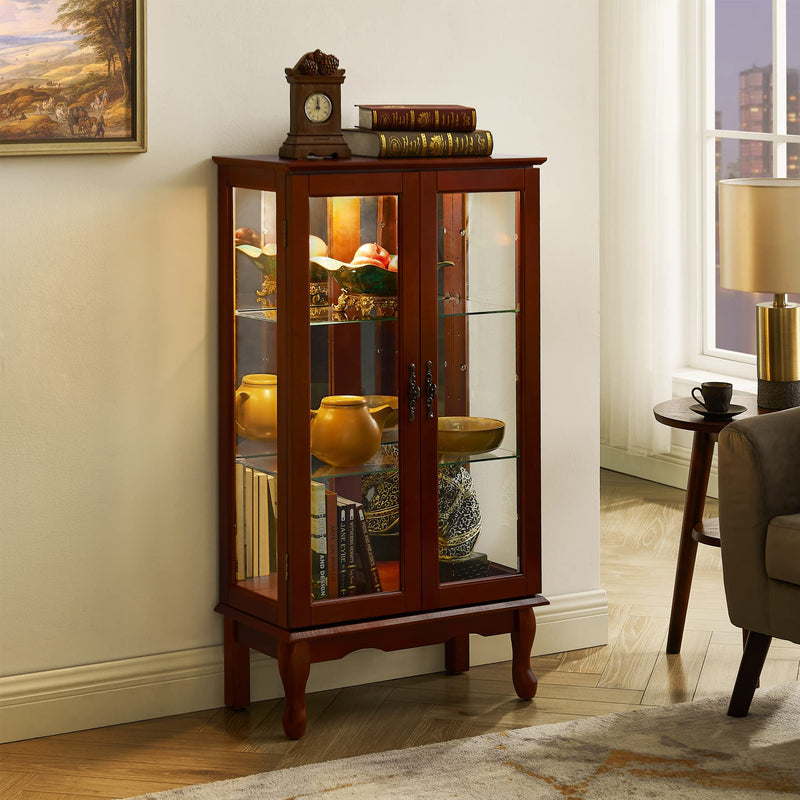 Curio Cabinet Lighted Curio Diapaly Cabinet With Adjustable Shelves And Mirrored Back Panel, Tempered Glass Doors (3 Tier), (E26 Light Bulb Not Included)