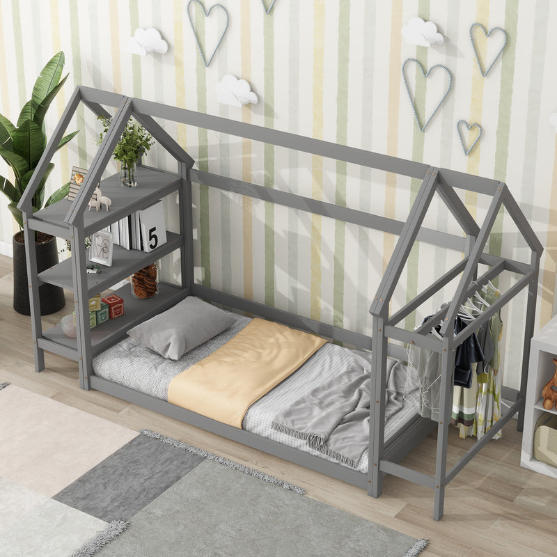 Twin size wood house bed with storage shelf and hanger ,kids bedroom set,Grey