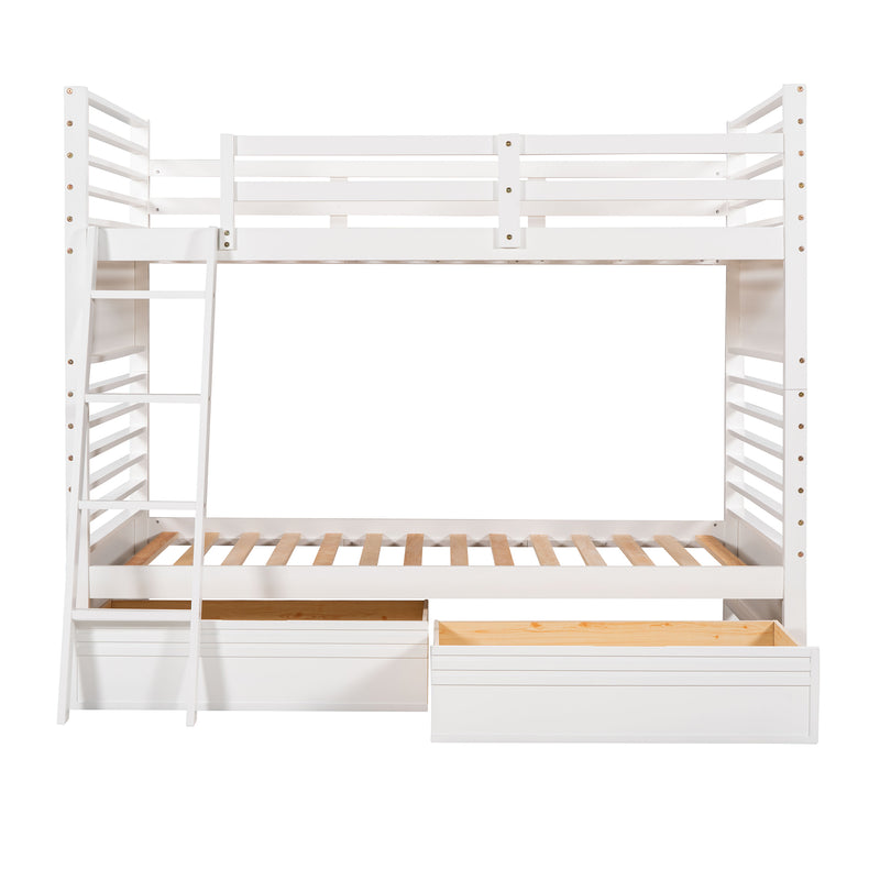 Twin over Twin Wood Bunk Bed with Two Drawers - White