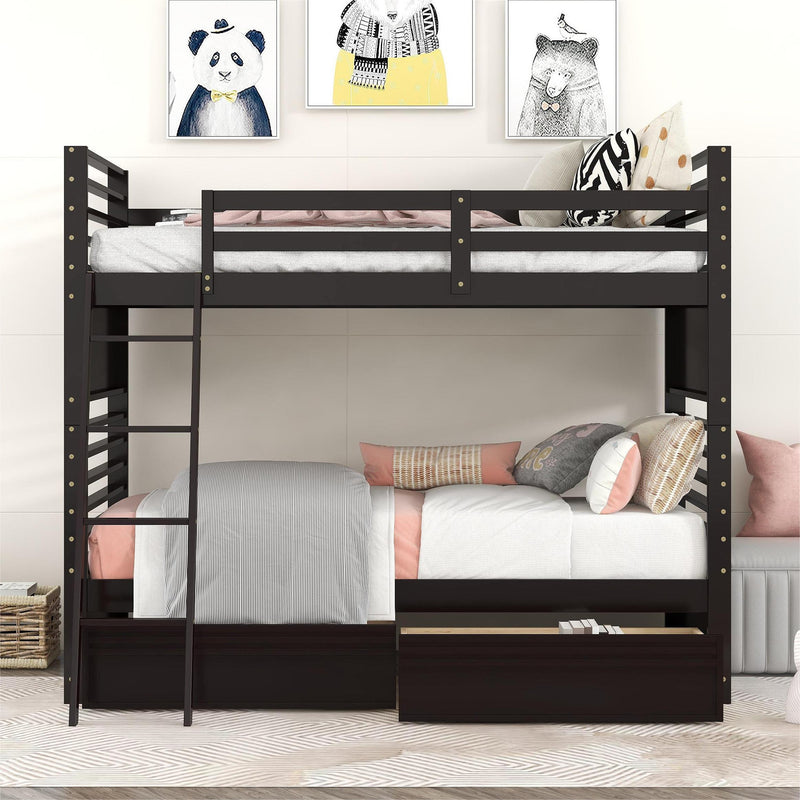 Twin over Twin Wood Bunk Bed with Two Drawers - Espresso