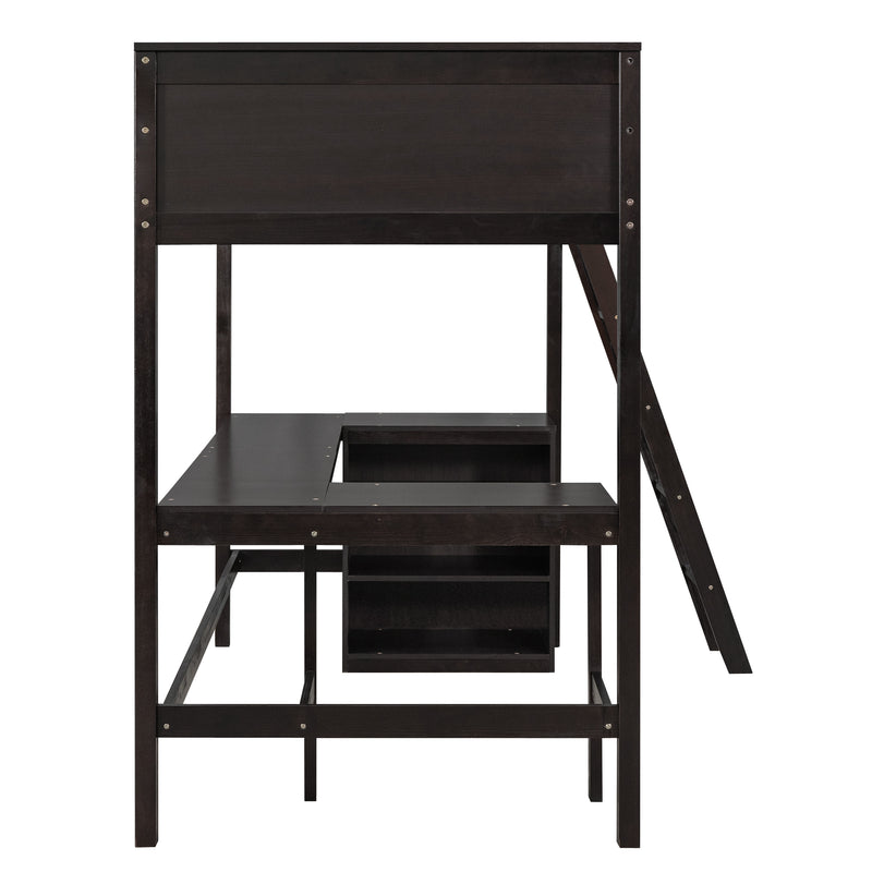 Twin size Loft Bed with Shelves and Desk, Wooden Loft Bed with Desk - Espresso(OLD SKU:LT000537AAP)