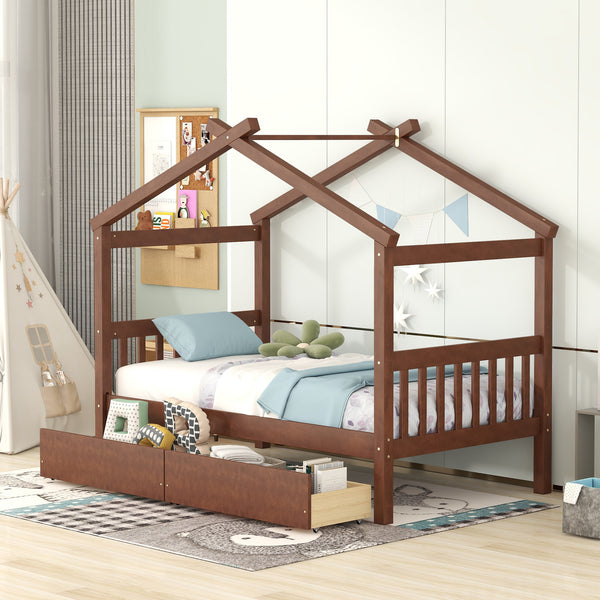 Twin Size Wooden House Bed with Drawers, Walnut