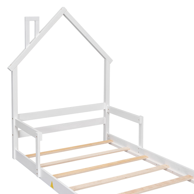 Twin House-Shaped Headboard Floor Bed with Handrails ,slats,White