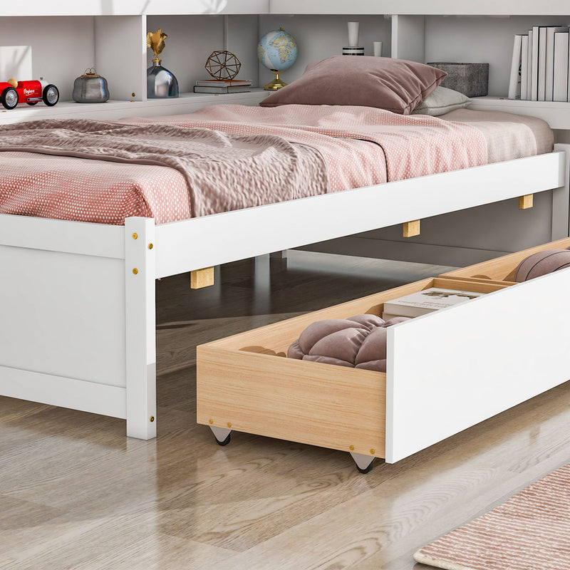 Twin Bed With L-Shaped Bookcases, Drawers