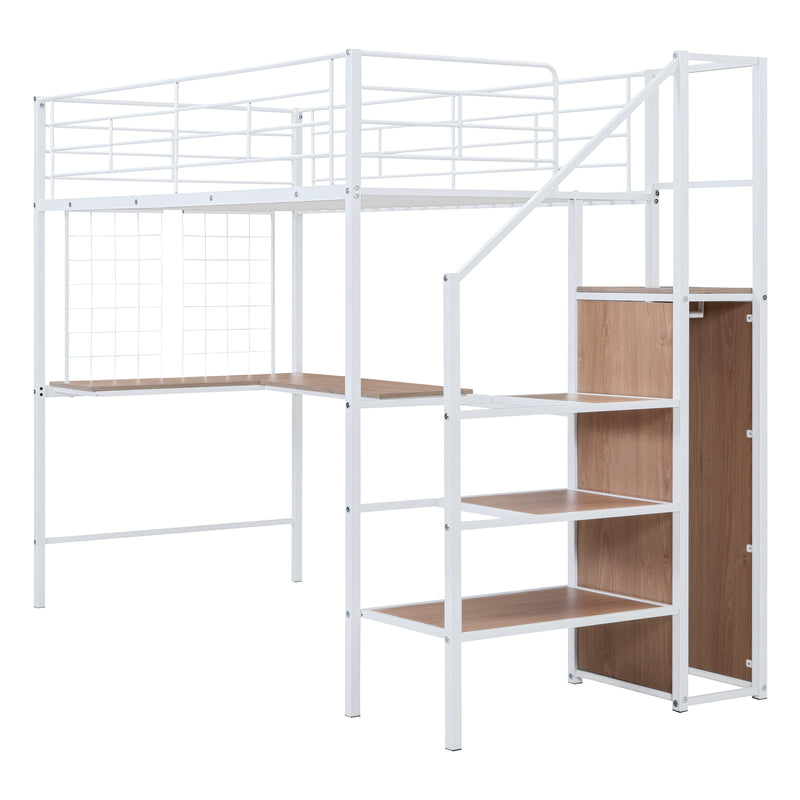 Twin Size Metal Loft Bed with Desk and Metal Grid, Stylish Metal Frame Bed with Lateral Storage Ladder and Wardrobe, White