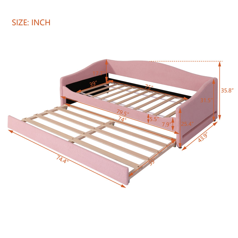 Teddy Fleece Twin Size Upholstered Daybed with Light and Trundle, Pink