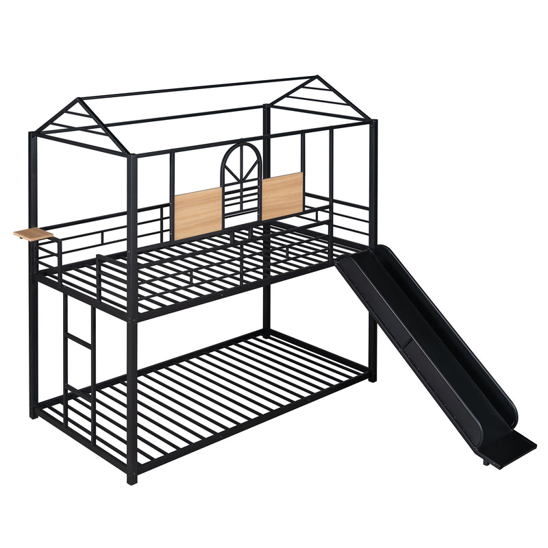 Twin Over Twin Metal Bunk Bed ,Metal Housebed With Slide,Three Colors Available.(Black with Black  Slide)(OLD SKU :LP000095AAB)