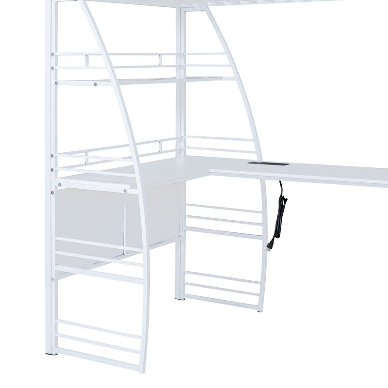 Loft Bed With 4 Layers Of Shelves And L-Shaped Desk, Stylish Metal Frame Bed With A Set Of Sockets, USB Ports And And Wireless Charging