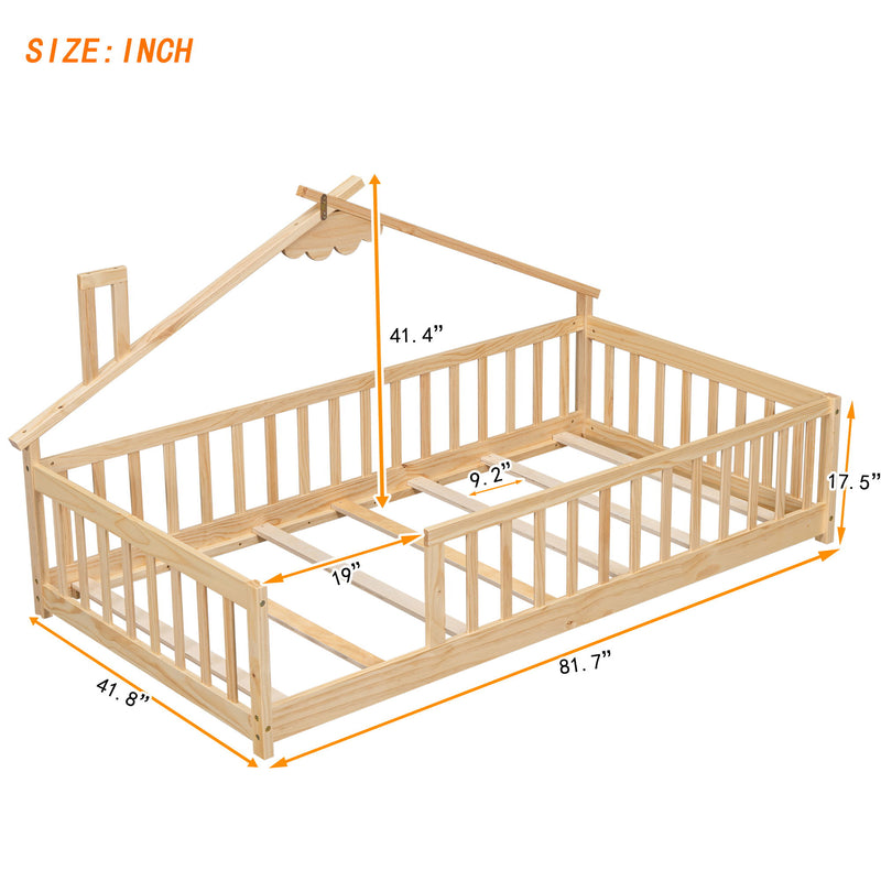 House-Shaped Bedside Floor Bed With Guardrails, Slats, Without Door