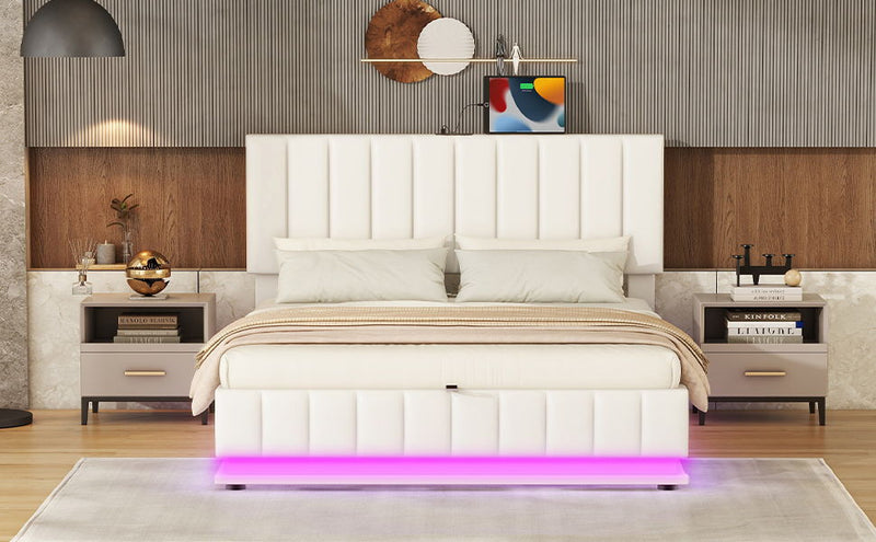 Queen Size Upholstered Bed With Hydraulic Storage System And LED Light, Modern Platform Bed With Sockets And USB Ports