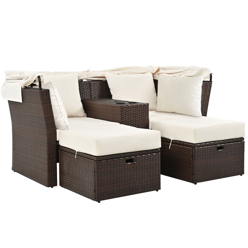 2 Seater Outdoor Patio Daybed Outdoor Double Daybed Outdoor Loveseat Sofa Set With Foldable Awning And Cushions For Garden, Balcony, Poolside