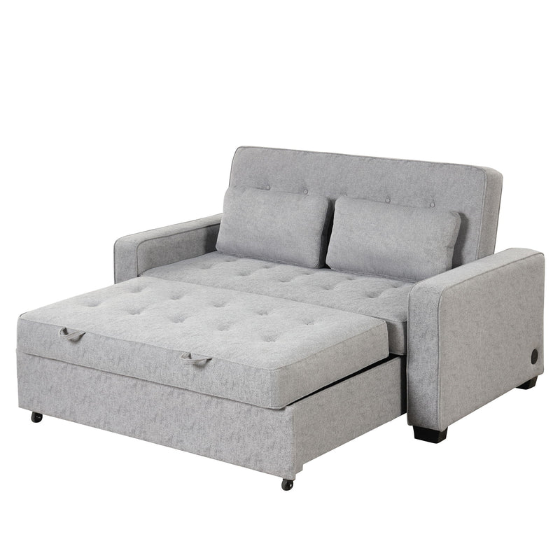 Upholstered Sleeper Bed, Pull Out Sofa Bed Couch Attached Two Throw Pillows, Dual USB Charging Port And Adjustable Backrest For Living Room Space