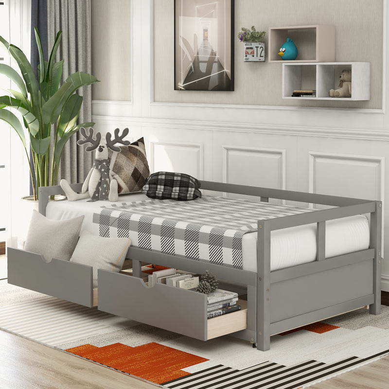 Wooden Daybed with Trundle Bed and Two Storage Drawers , Extendable Bed Daybed,Sofa Bed for Bedroom Living Room, Gray