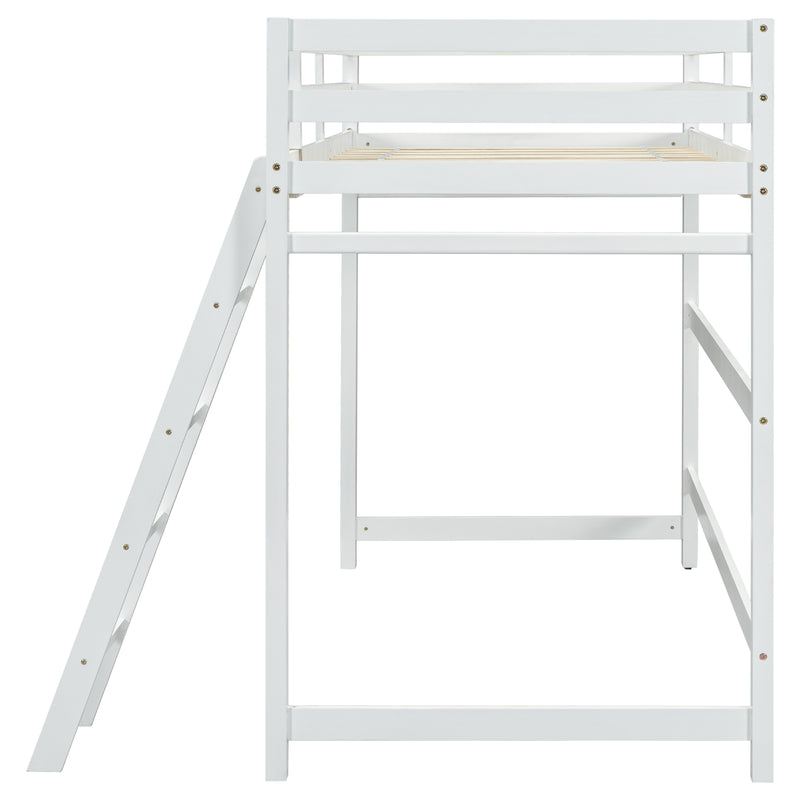 Twin Size High Loft Bed with inclined Ladder, Guardrails,White