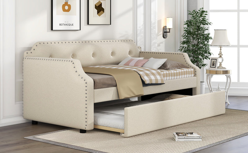 Upholstered Daybed with Trundle, Wood Slat Support,Upholstered Frame Sofa Bed, Twin, Beige