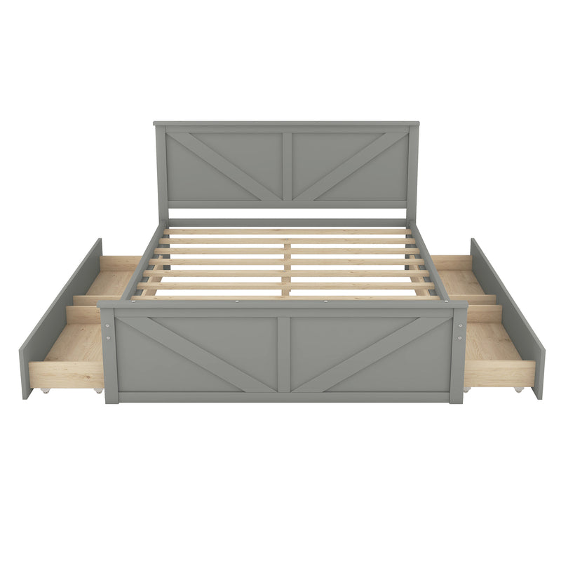 Queen Size Wooden Platform Bed with Four Storage Drawers and Support Legs, Gray