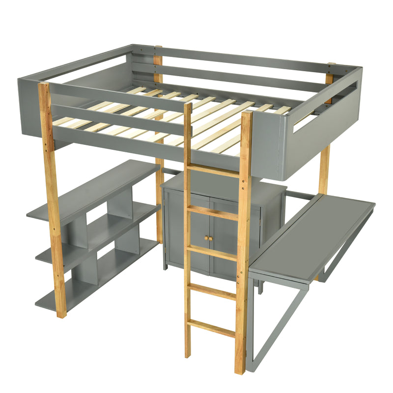 Twin Size Wood Loft Bed With Built-in Storage Cabinet and Cubes, Foldable desk, Gray