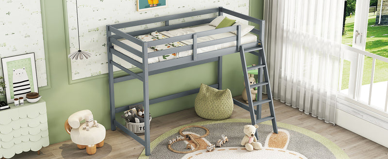 Twin Size High Loft Bed with inclined Ladder, Guardrails,Grey