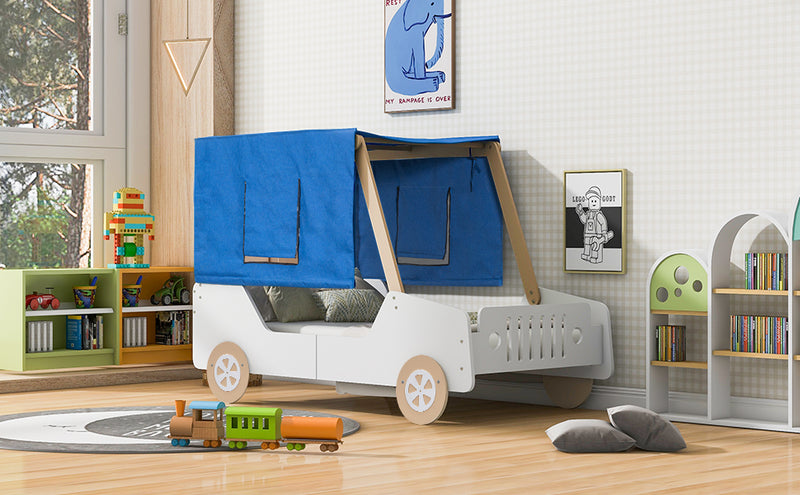 Twin Size Car Shaped Bed with Tents,White+Natural