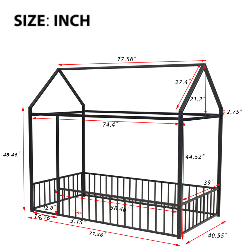 Twin Size Metal Bed House Bed Frame with Fence, for Kids, Teens, Girls, Boys, Black