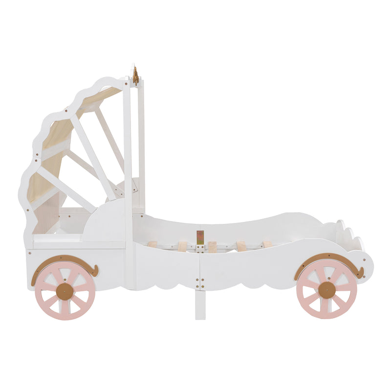 Twin Size Princess Carriage Bed with Canopy, Wood Platform Car Bed with 3D Carving Pattern, White+Pink+Gold