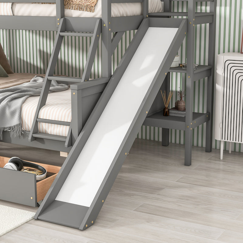 Twin over Full Bunk Bed with 2 Drawers,Slide,Shelves Grey