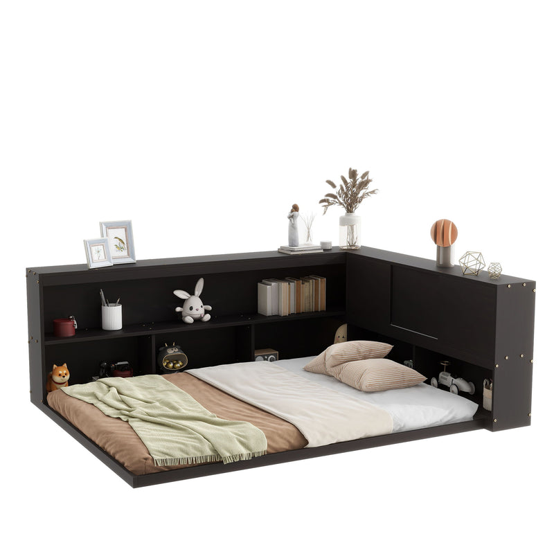 Floor Bed With L-Shaped Bookcases, Sliding Doors, Without Slats