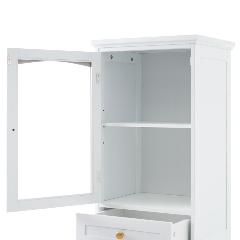 Tall Bathroom Storage Cabinet With Glass Doors, Free-Standing, Two Drawers, And Adjustable Shelves, MDF Board, Painted Perfect For Displaying Your Favorite Items