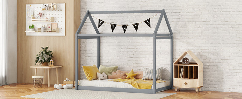 Twin Size Wooden House Bed, Gray