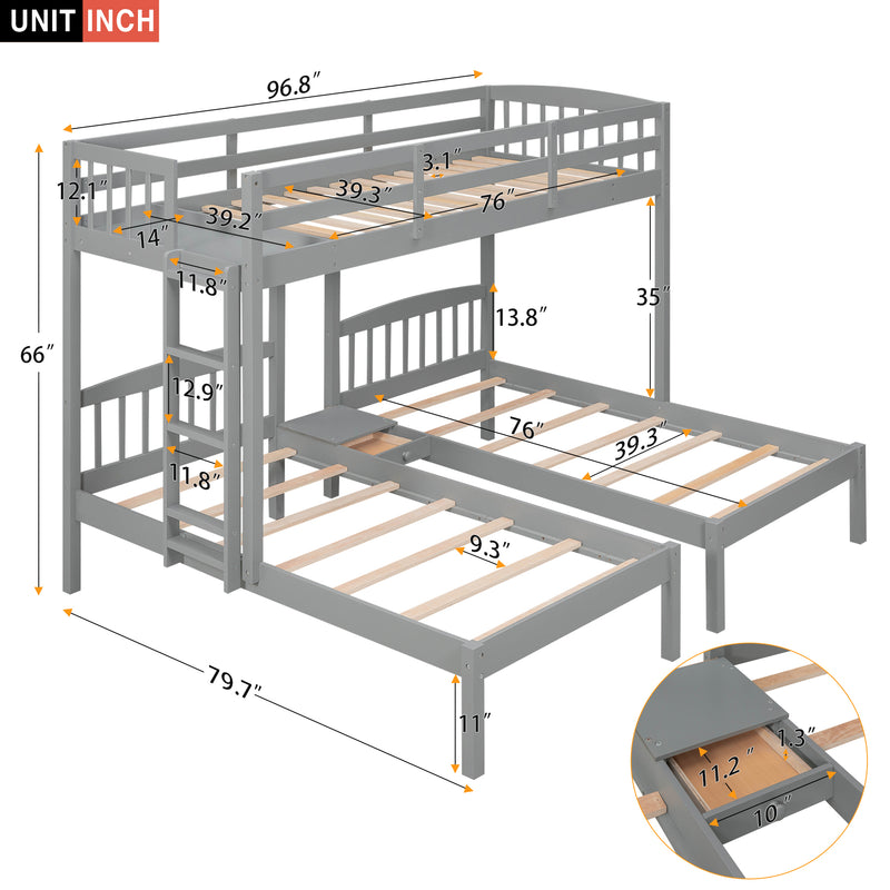 Twin over Twin & Twin Bunk Bed with Built-in Middle Drawer, Gray