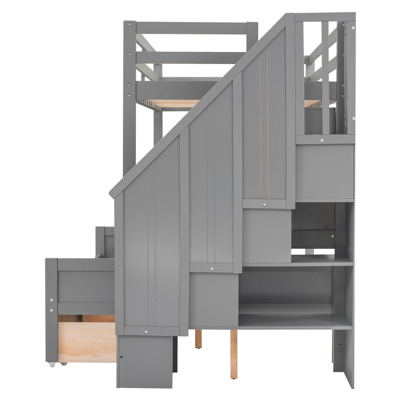 Twin XL over Full Bunk Bed with Built-in Storage Shelves, Drawers and Staircase,Gray