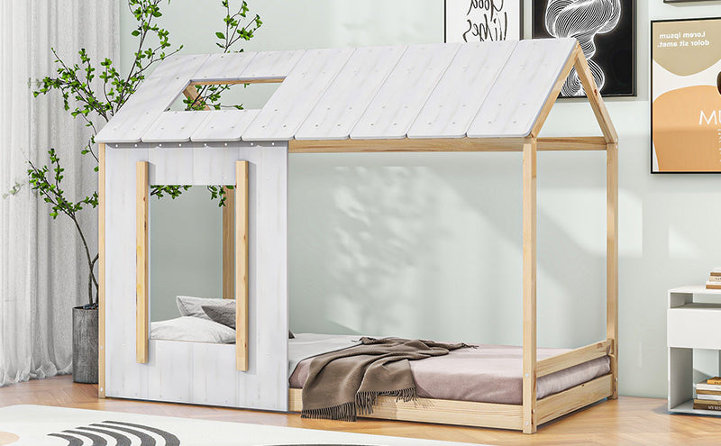 Twin Size House Platform with Roof and Window , White+Natural