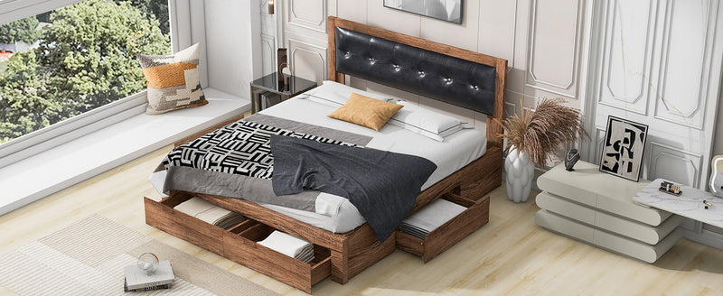 Queen Size Wood Platform Bed with Upholstered Headboard and 4 Drawers