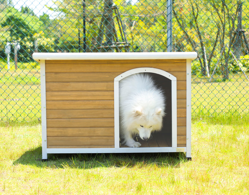 Large Wooden Outdoor Dog House, Waterproof Roof, Elevated Floor, Adjustable Plastic Feet - Yellow