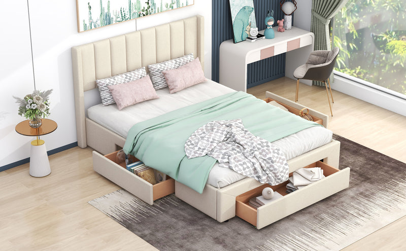 Queen Size Upholstered Platform Bed with One Large Drawer in the Footboard and Drawer on Each Side,Beige