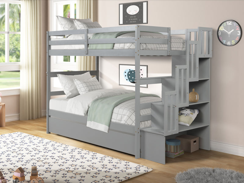 Twin Over Twin Bunk Beds With Twin Trundle And Stairway Storage Function