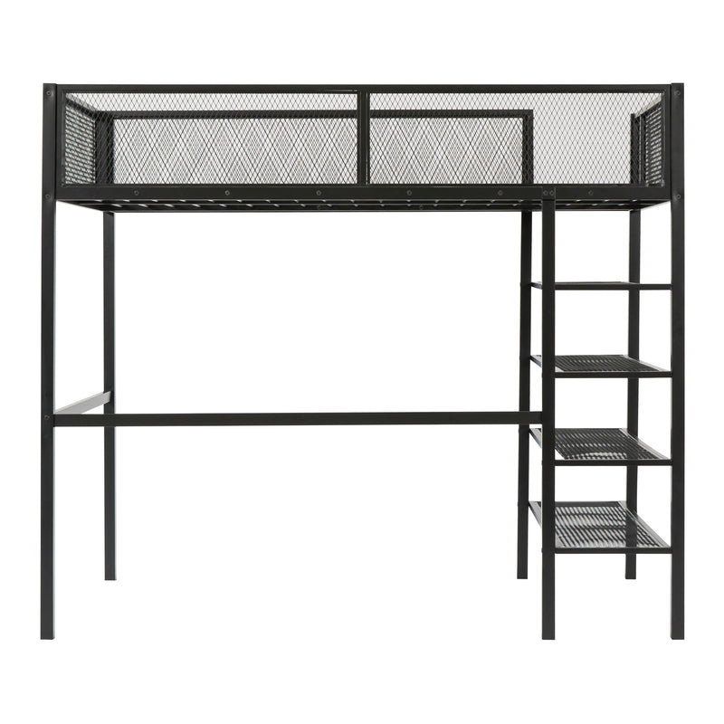 Twin Size Metal Loft Bed with 4-Tier Shelves and Storage, Black