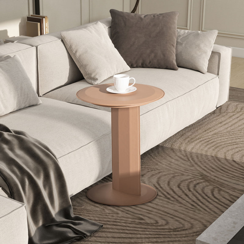 Mode - Leatherette Round C-Shaped Sofa Side Table - Saddle Brown