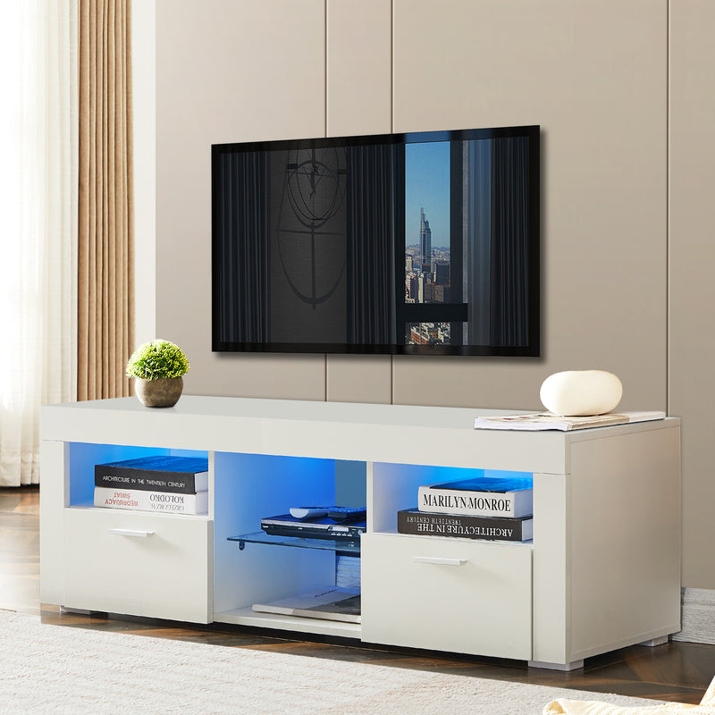 White morden TV Stand with LED Lights,high glossy front TV Cabinet,can be assembled in Lounge Room, Living Room or Bedroom,color:WHITE