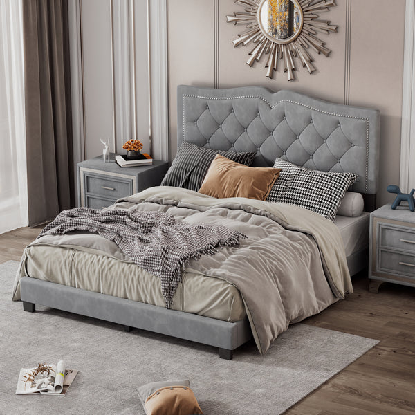 Queen Size Upholstered Bed Frame with Rivet Design, Modern Velvet Platform Bed with Tufted Headboard,Gray