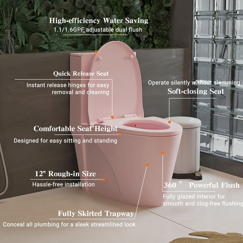 1.1 / 1.60 Gpf Dual-Flush One Piece Toilet, Water-Saving Elongated Comfort Height Floor Mounted, Soft Close 1000 Gram Map Flushing Score Toilet 23T01-Rs - Rose