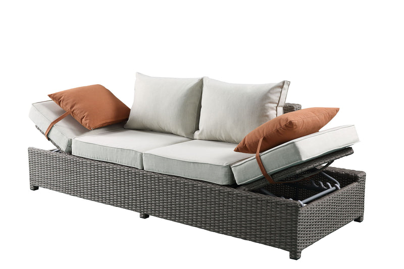 Salena - All Weather Wicker Patio Sofa & Ottoman With 2 Toss Pillows - Beige / Gray