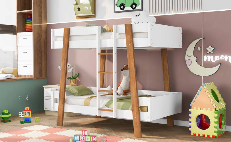 Wood Twin Size Bunk Bed with Built-in Ladder and 4 Wood Color Columns, White