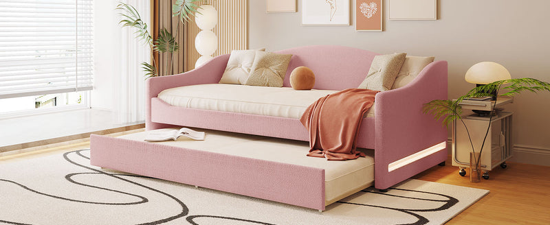 Teddy Fleece Twin Size Upholstered Daybed with Light and Trundle, Pink