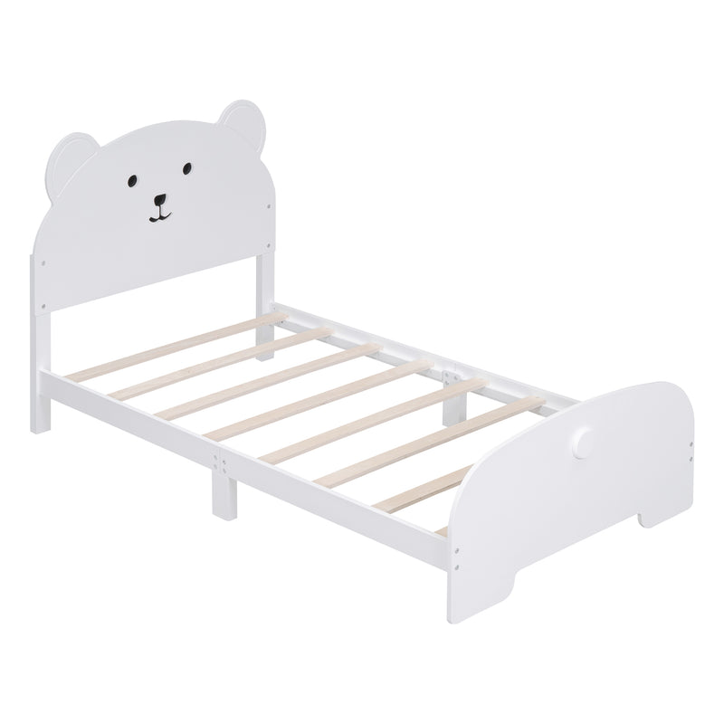 Twin Size Wood Platform Bed with Bear-shaped Headboard and Footboard,White