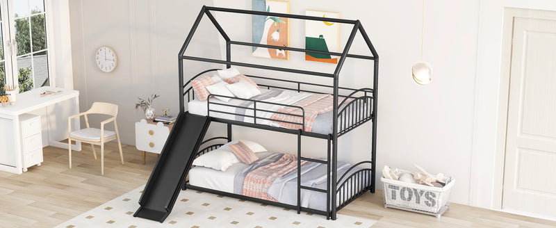 Twin Over Twin Metal Bunk Bed With Slide,Kids House Bed Black