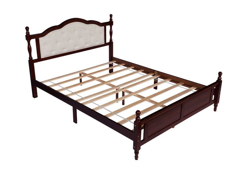 Pine Wooden Bed With Upholstered Headboard And Panel Footboard, With Two Bed Rail Support Feet And Central Platform Support Feet