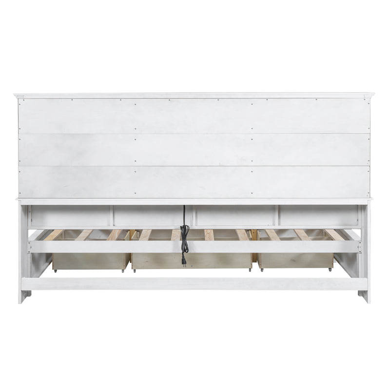 Twin Size Wood Daybed with Multi-Storage Shelves, Charging Station and 3 Drawers, Antique White