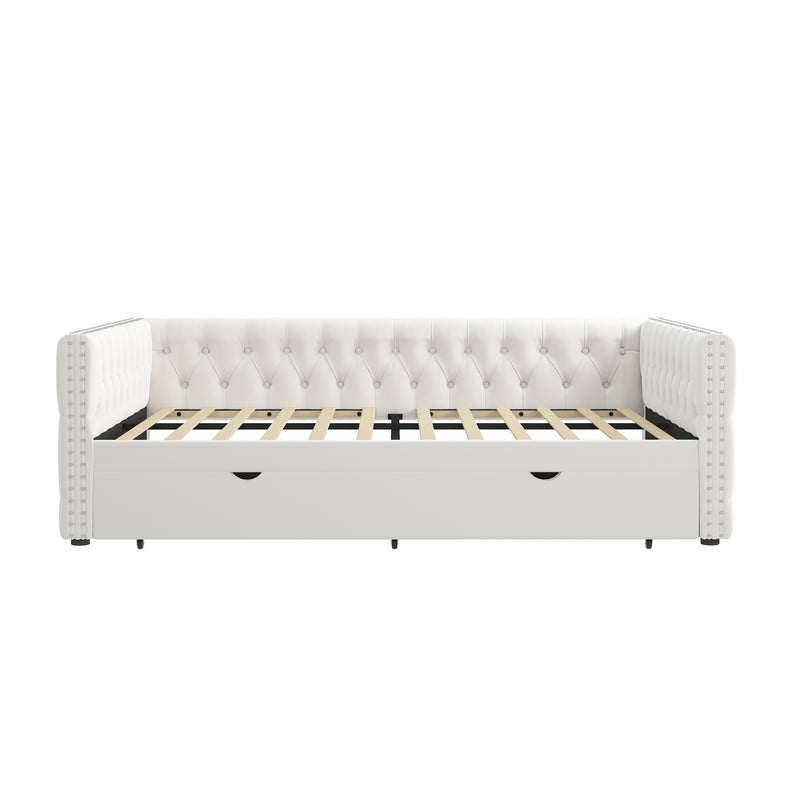 Daybed with Trundle Velvet Upholstered Tufted Sofa Bed, with Button and Copper Nail onSquare Arms,Full Daybed & Twin Trundle-  For Bedroom, Living Room, Guest Room,(83"x57"x26")