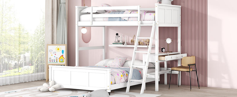 Twin Over Full Bunk Bed with Desk, White